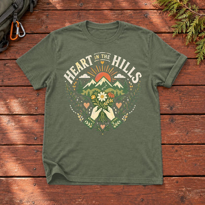 Heart in the Hills Retro Nature Graphic Tee on Military Green Everyday Soft Tee