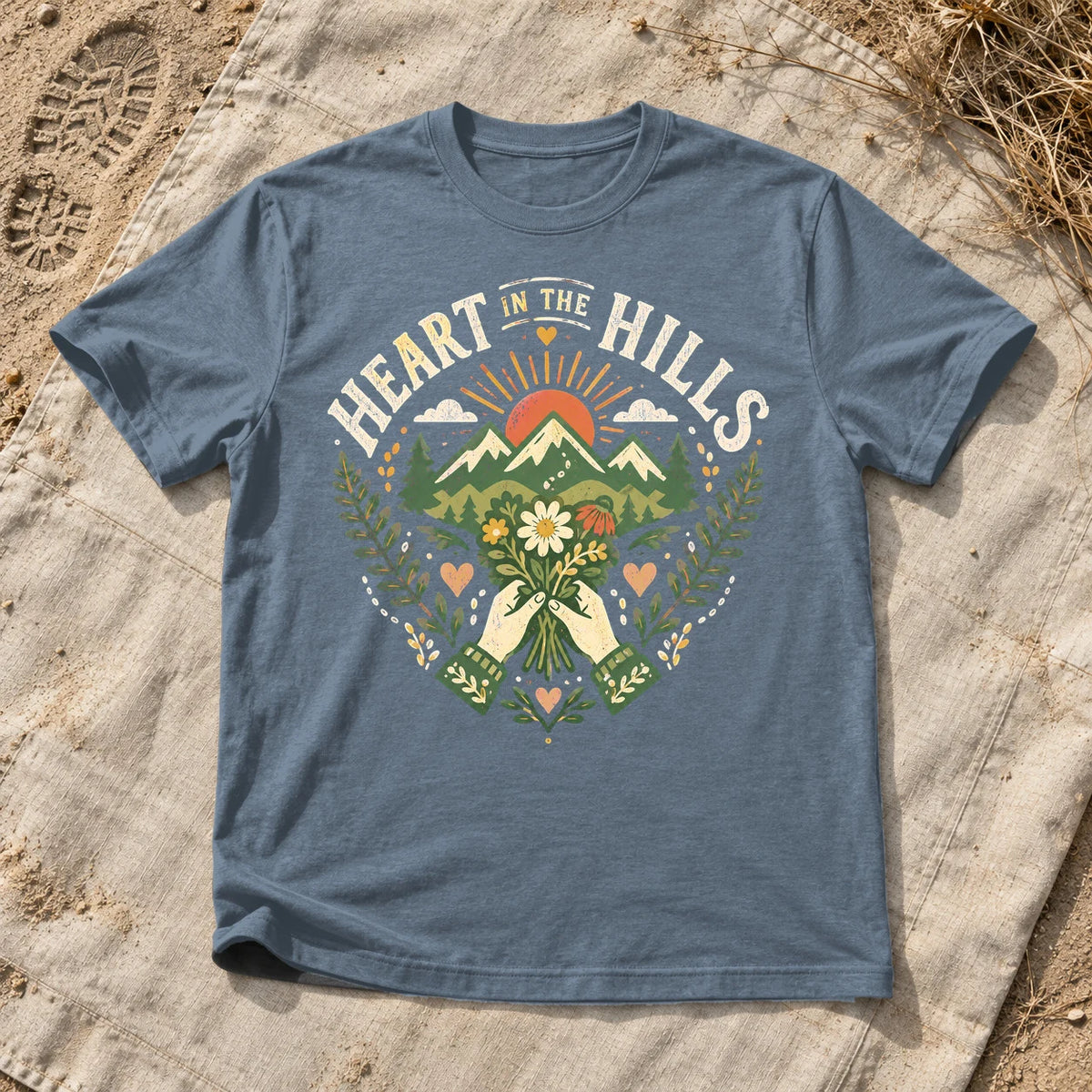 Heart in the Hills Retro Nature Graphic Tee on Heather Indigo Everyday Soft Tee