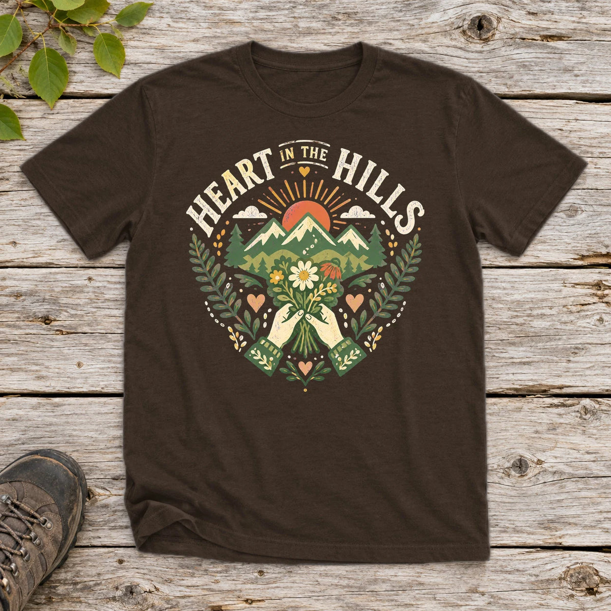 Heart in the Hills Retro Nature Graphic Tee on Dark Chocolate Everyday Soft Tee