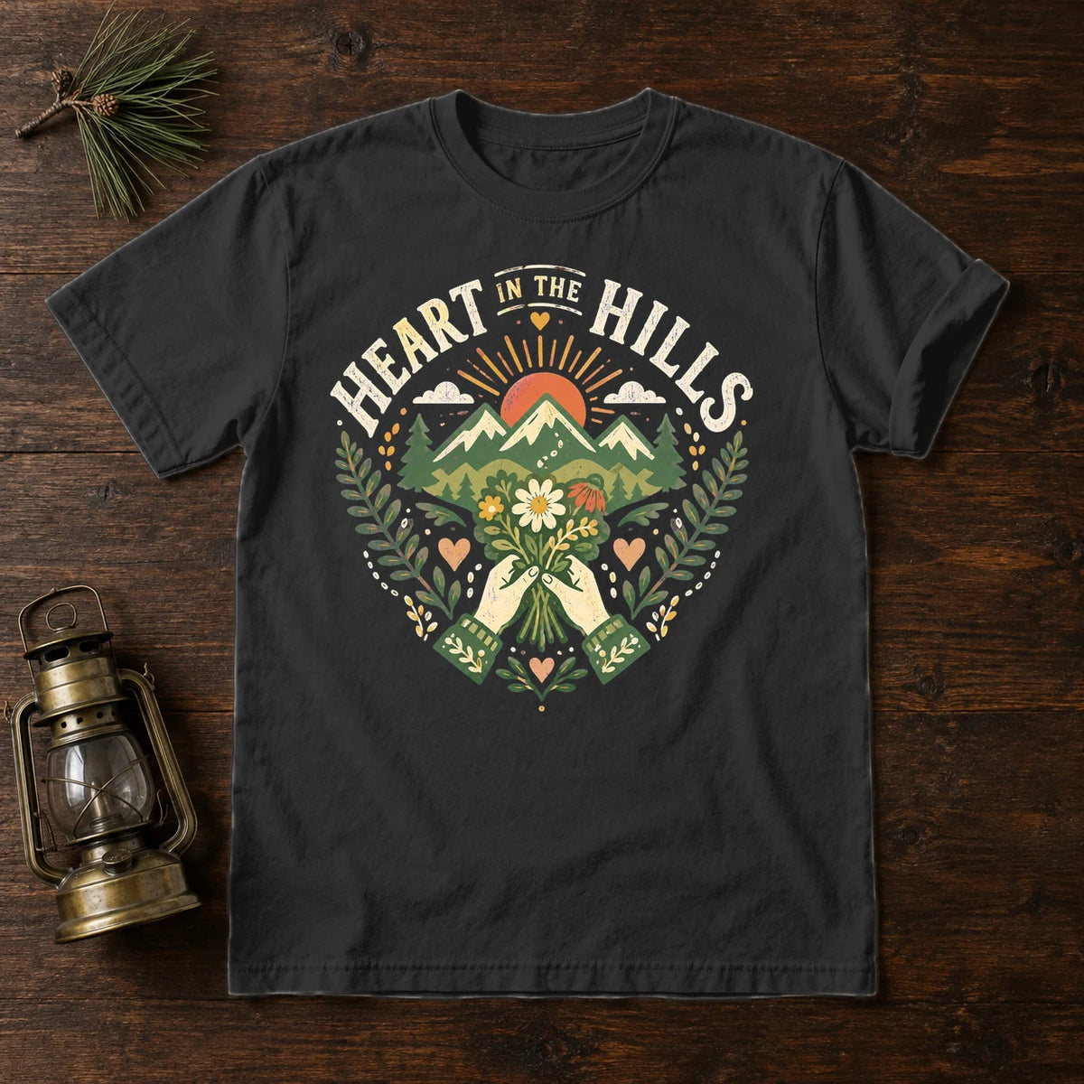 Heart in the Hills Retro Nature Graphic Tee on Black Premium Tee