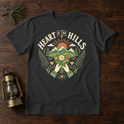 Heart in the Hills Retro Nature Graphic Tee on Black Premium Tee