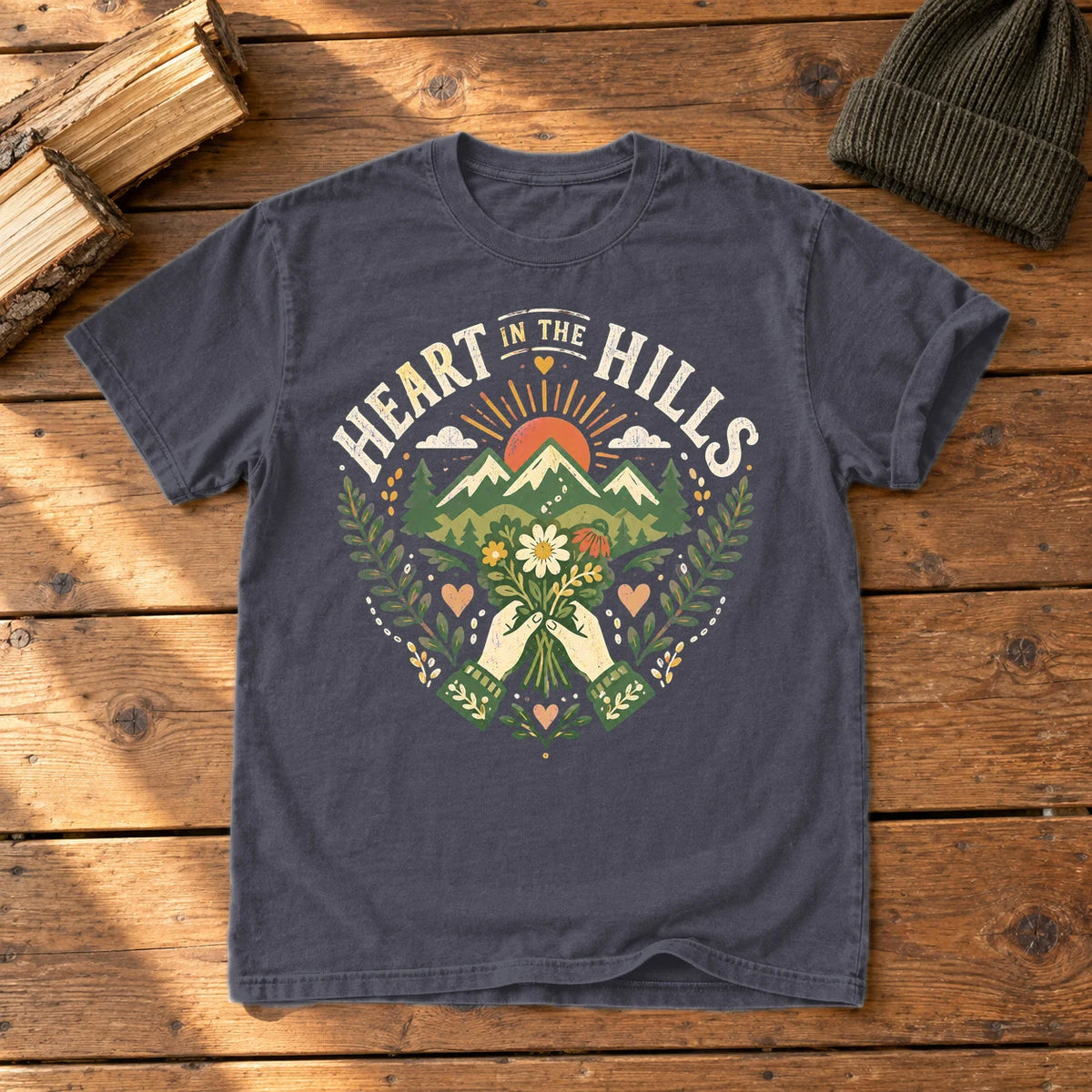 Heart in the Hills Retro Nature Graphic Tee on Navy Premium Tee