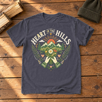 Heart in the Hills Retro Nature Graphic Tee on Navy Premium Tee