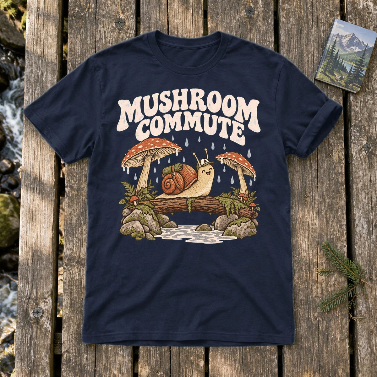 Mushroom Commute Graphic Tee on Navy Everyday Soft Tee
