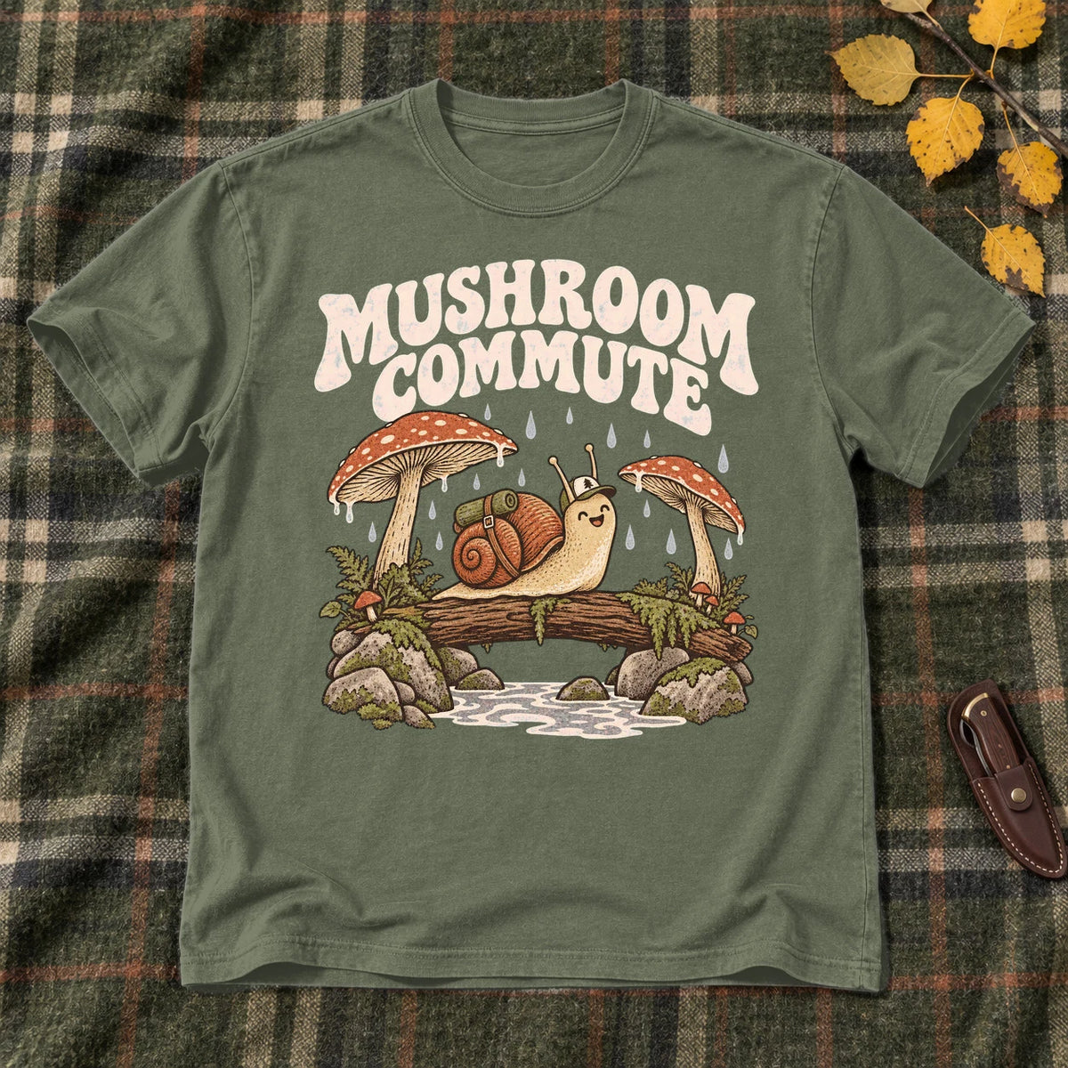 Mushroom Commute Graphic Tee on Military Green Everyday Soft Tee