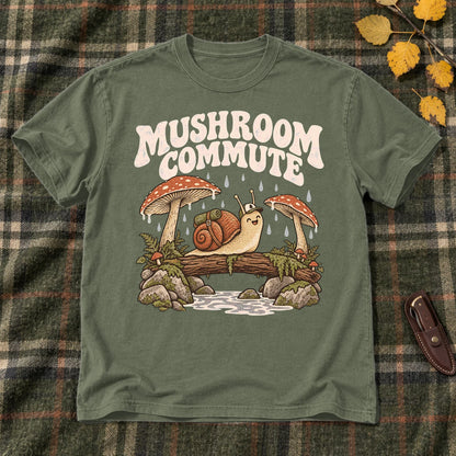 Mushroom Commute Graphic Tee on Military Green Everyday Soft Tee