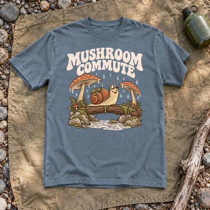 Mushroom Commute Graphic Tee on Heather Indigo Everyday Soft Tee