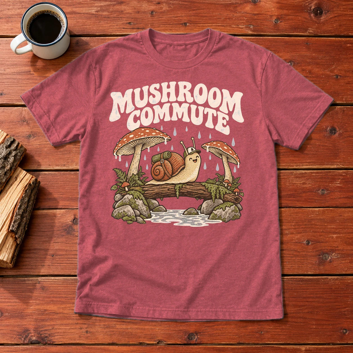Mushroom Commute Graphic Tee on Heather Red Everyday Soft Tee