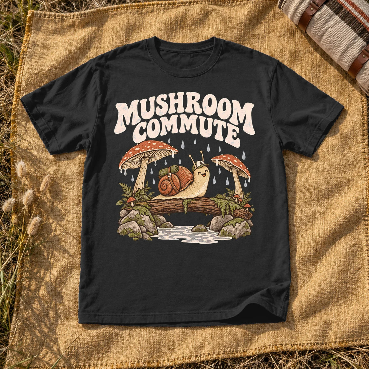 Mushroom Commute Graphic Tee on Black Premium Tee