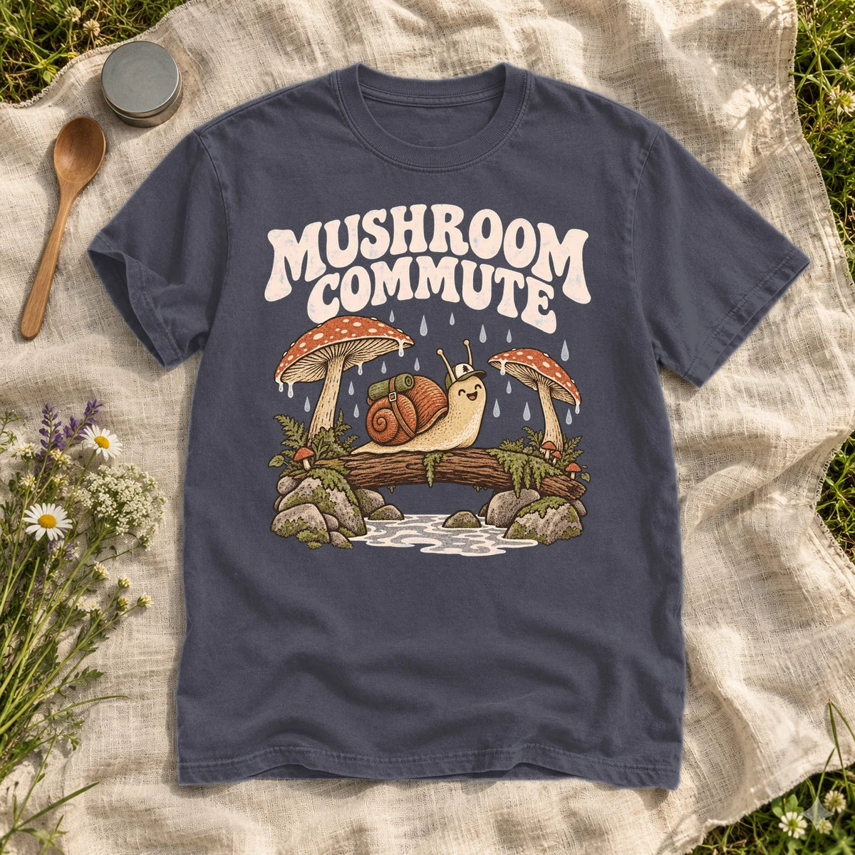 Mushroom Commute Graphic Tee on Navy Premium Tee