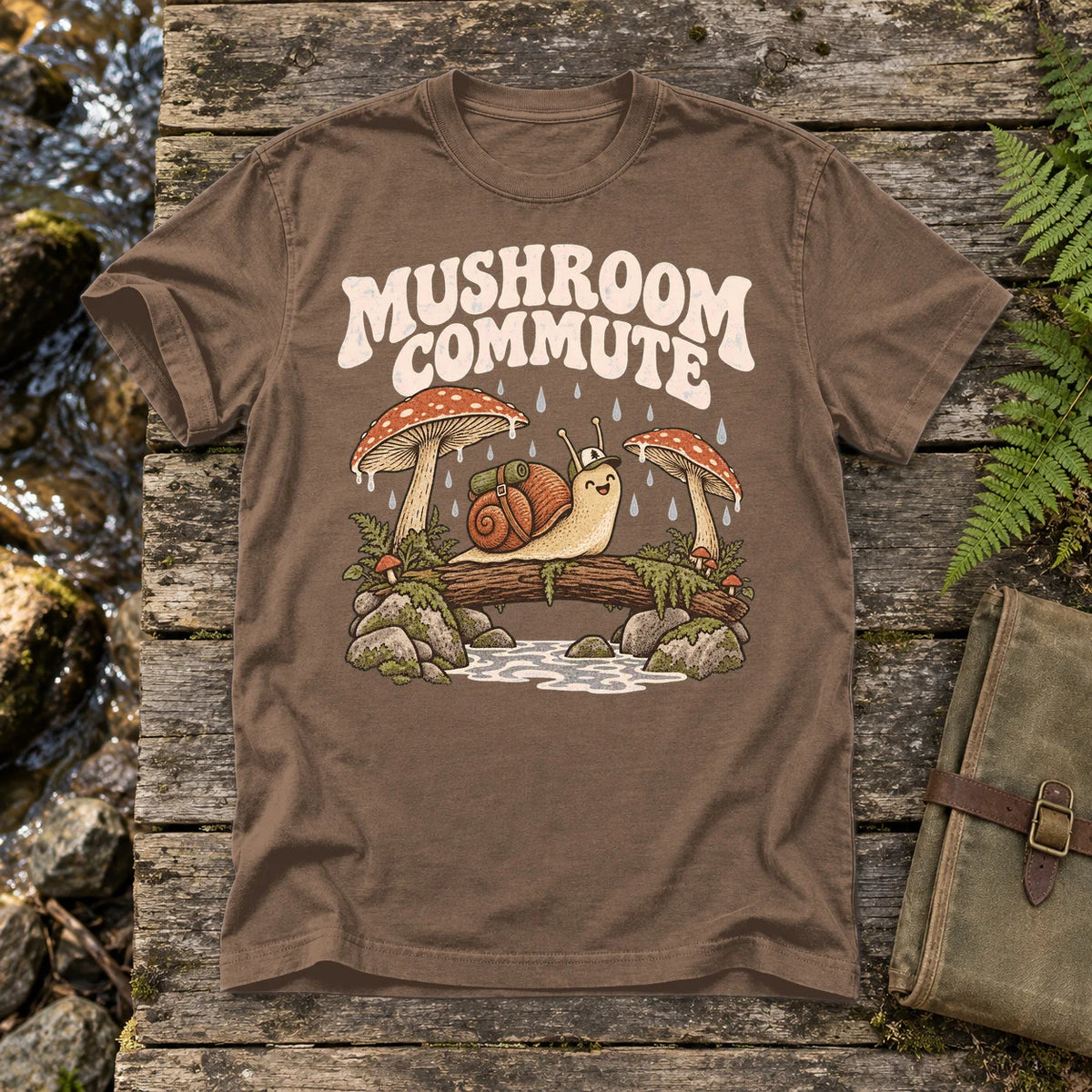 Mushroom Commute Graphic Tee on Espresso Premium Tee