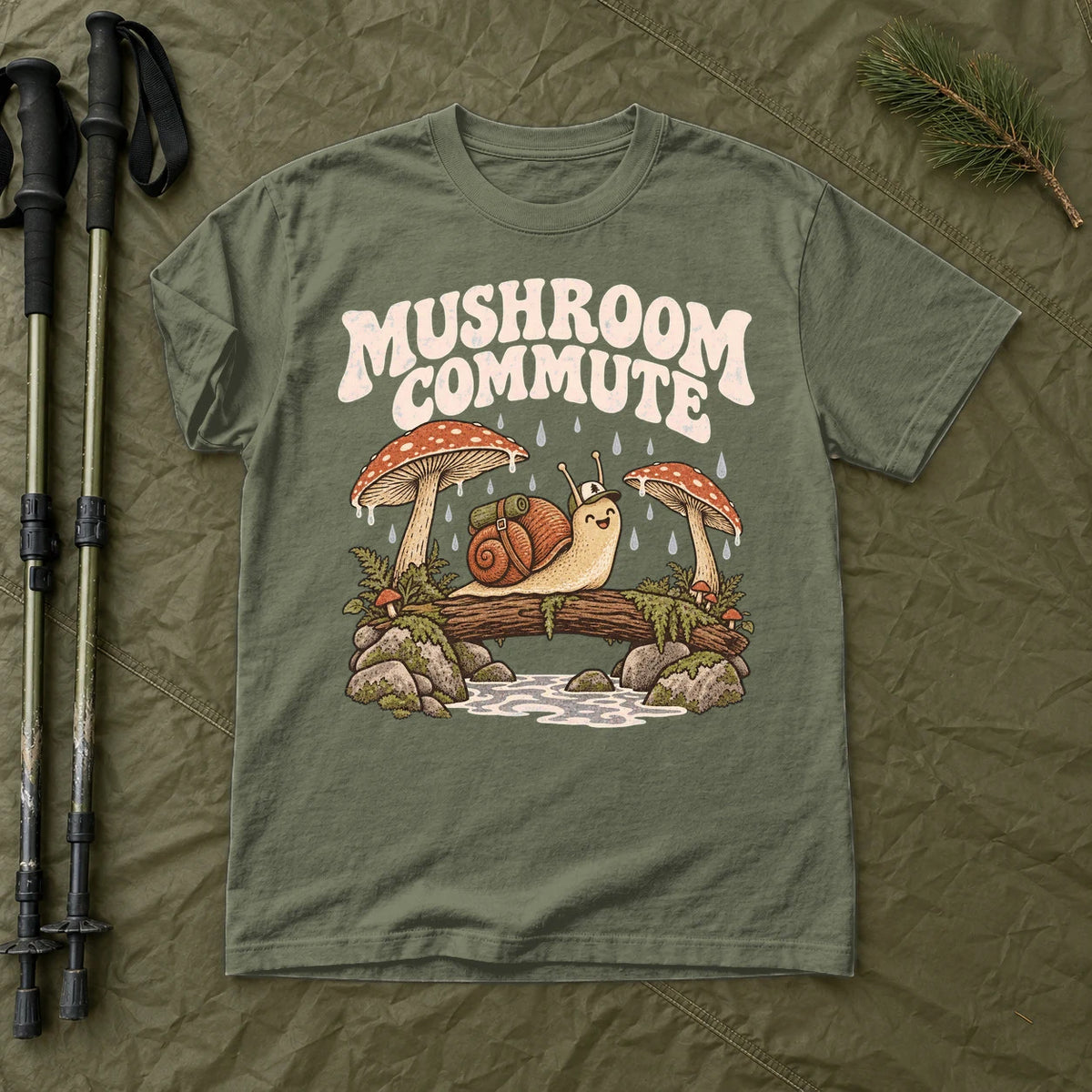 Mushroom Commute Graphic Tee on Moss Premium Tee