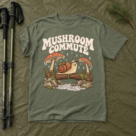 Mushroom Commute Graphic Tee on Moss Premium Tee