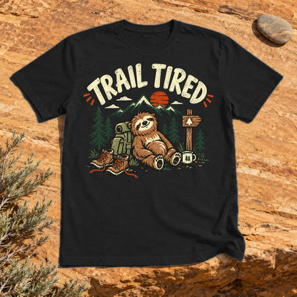 Trail Tired Sloth Hiking Graphic Tee on Black Everyday Soft Tee