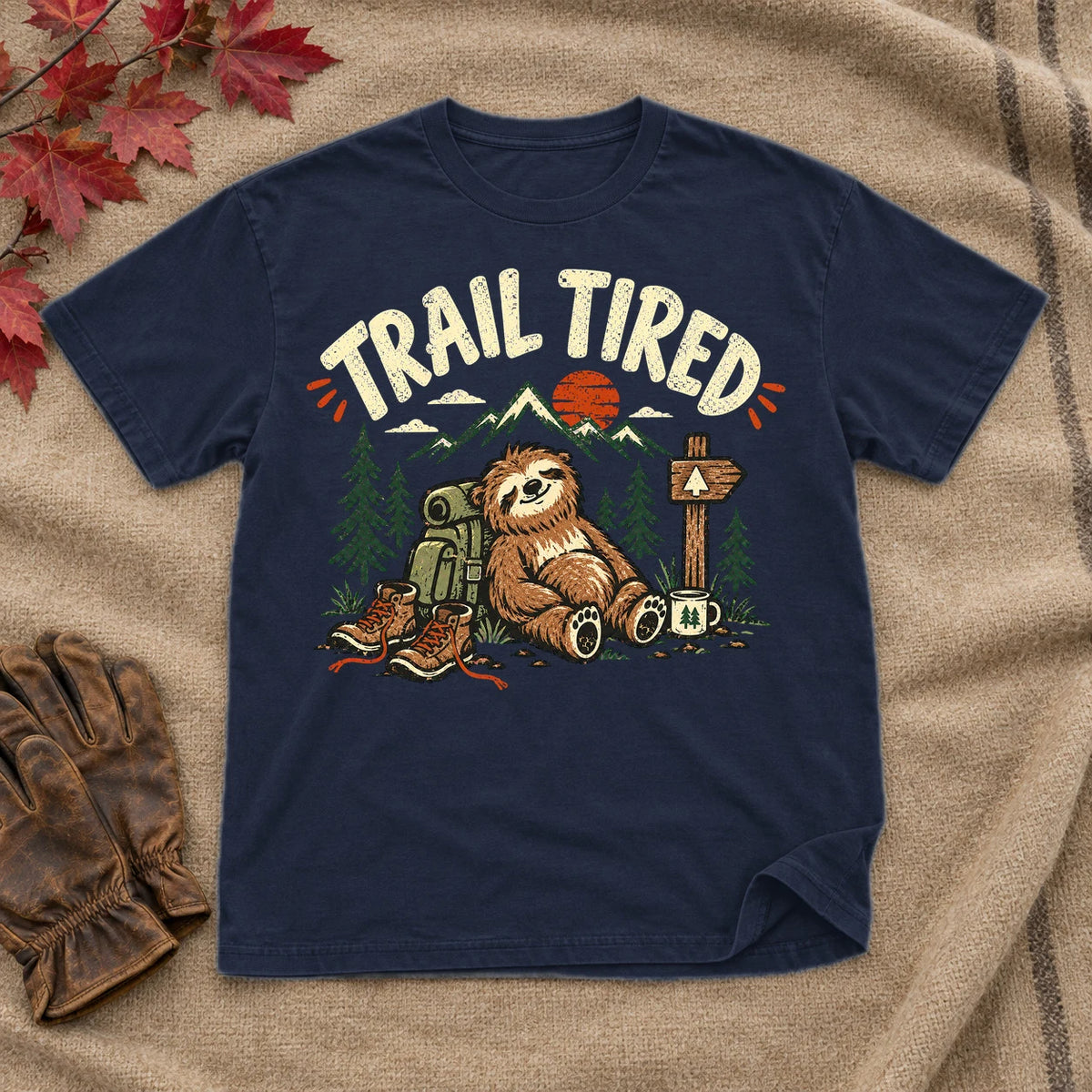 Trail Tired Sloth Hiking Graphic Tee on Navy Everyday Soft Tee