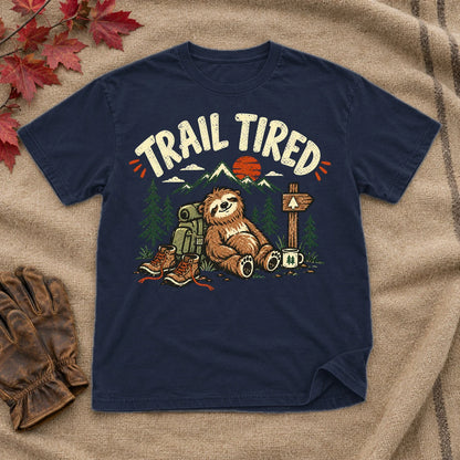 Trail Tired Sloth Hiking Graphic Tee on Navy Everyday Soft Tee