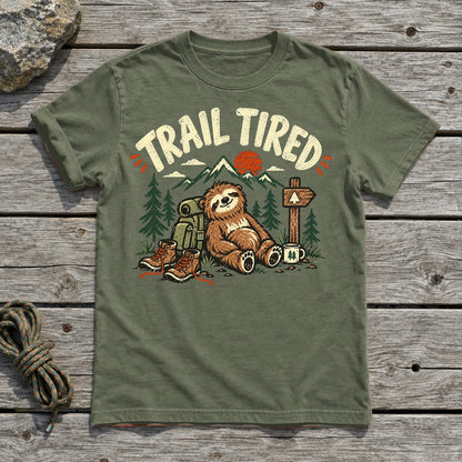 Trail Tired Sloth Hiking Graphic Tee on Military Green Everyday Soft Tee