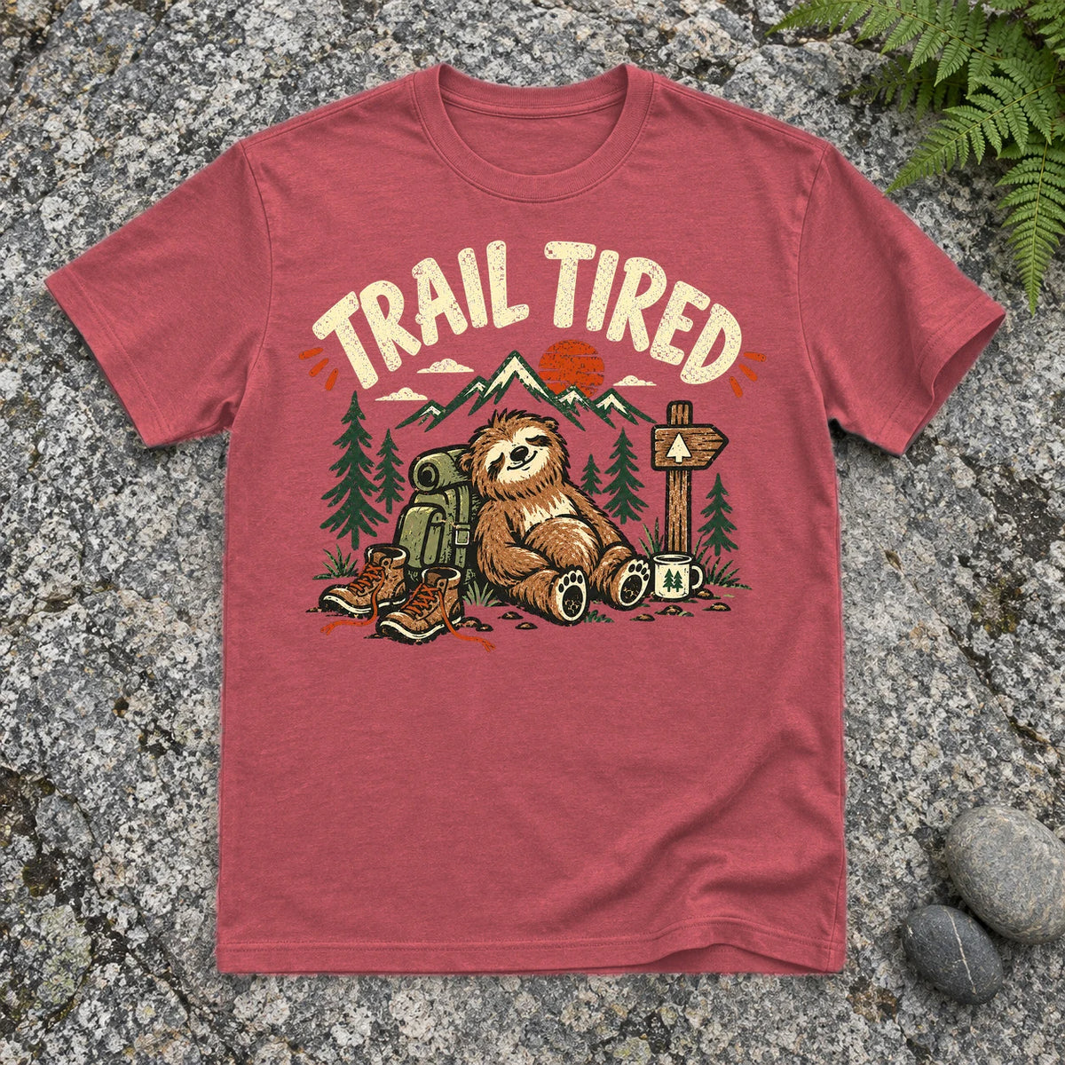 Trail Tired Sloth Hiking Graphic Tee on Heather Red Everyday Soft Tee