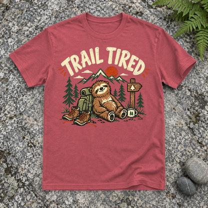 Trail Tired Sloth Hiking Graphic Tee on Heather Red Everyday Soft Tee
