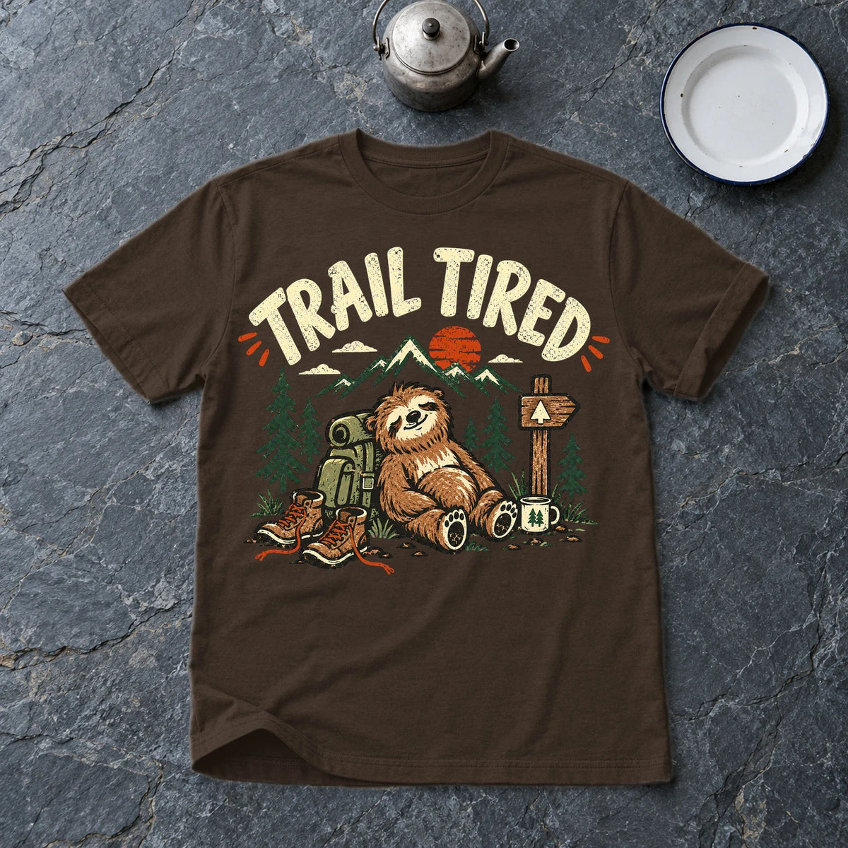 Trail Tired Sloth Hiking Graphic Tee on Dark Chocolate Everyday Soft Tee
