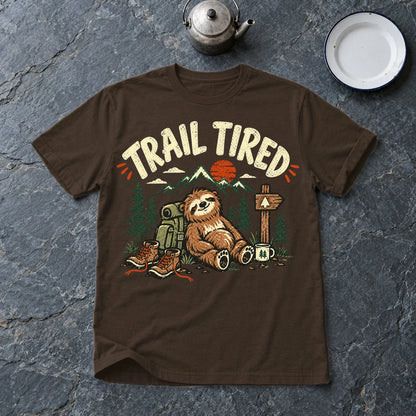 Trail Tired Sloth Hiking Graphic Tee on Dark Chocolate Everyday Soft Tee