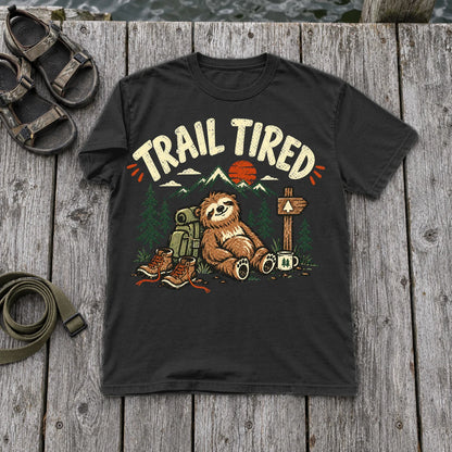 Trail Tired Sloth Hiking Graphic Tee on Black Premium Tee