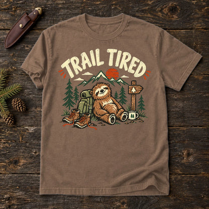 Trail Tired Sloth Hiking Graphic Tee on Espresso Premium Tee