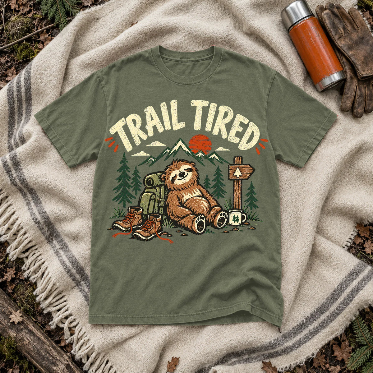Trail Tired Sloth Hiking Graphic Tee on Moss Premium Tee