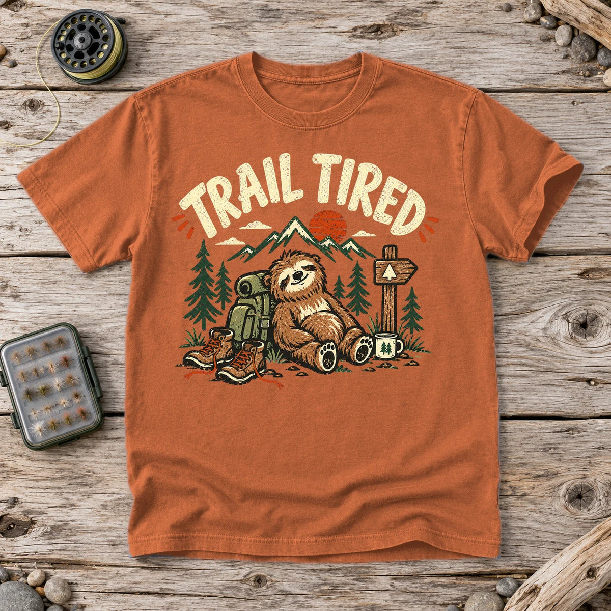 Trail Tired Sloth Hiking Graphic Tee on Yam Premium Tee