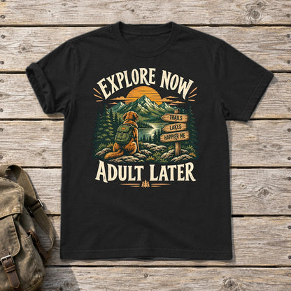 Explore Now Adult Later Dog Hiking Graphic Tee on Black Everyday Soft Tee