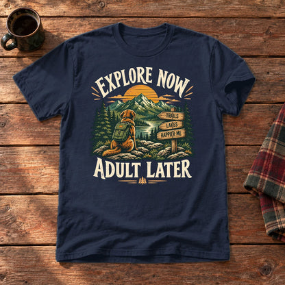 Explore Now Adult Later Dog Hiking Graphic Tee on Navy Everyday Soft Tee
