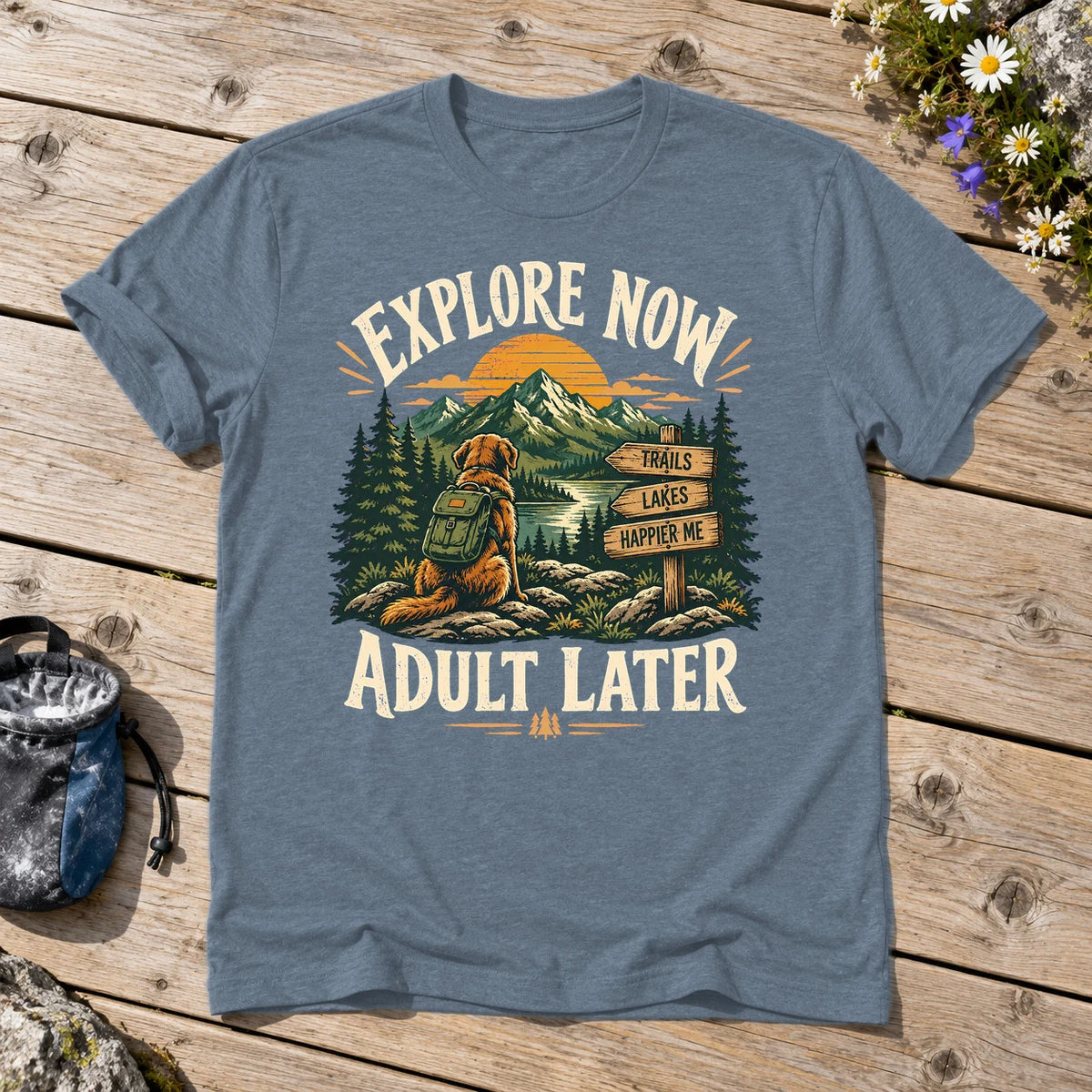 Explore Now Adult Later Dog Hiking Graphic Tee on Heather Indigo Everyday Soft Tee