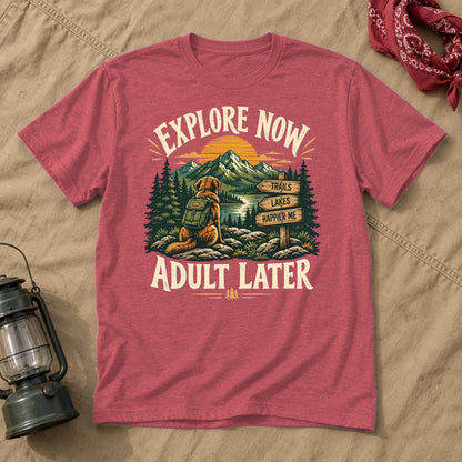 Explore Now Adult Later Dog Hiking Graphic Tee on Heather Red Everyday Soft Tee