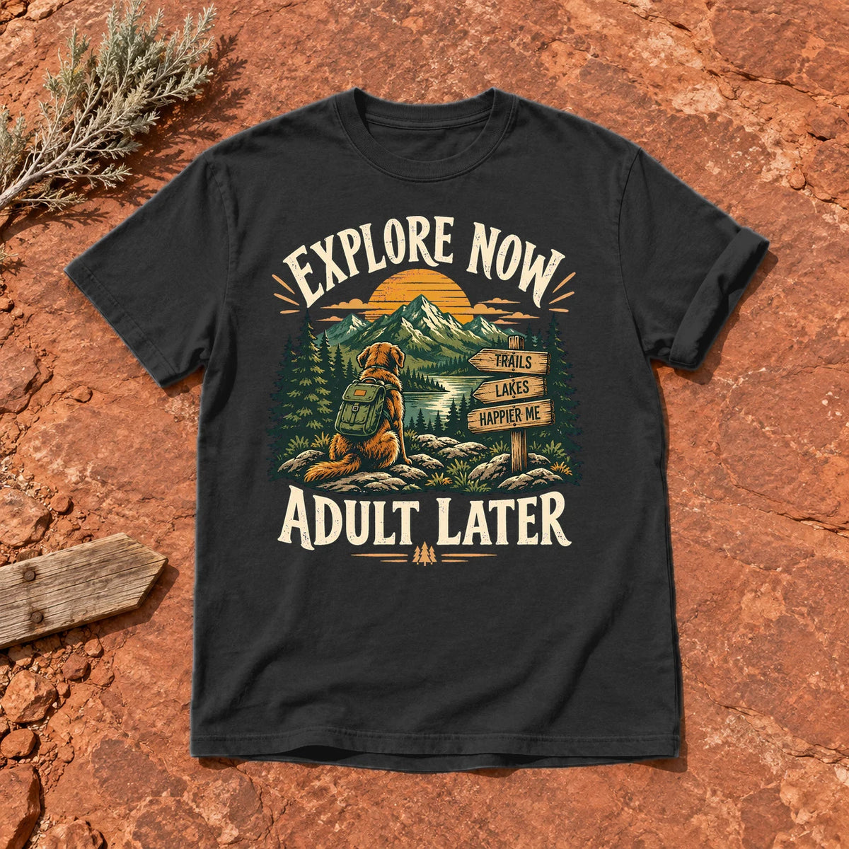 Explore Now Adult Later Dog Hiking Graphic Tee on Black Premium Tee