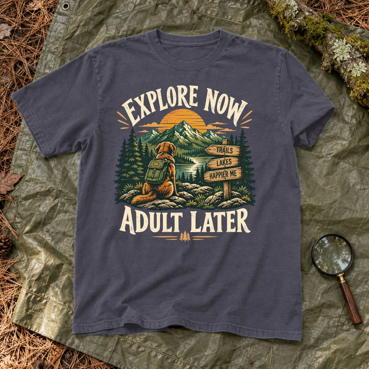 Explore Now Adult Later Dog Hiking Graphic Tee on Navy Premium Tee