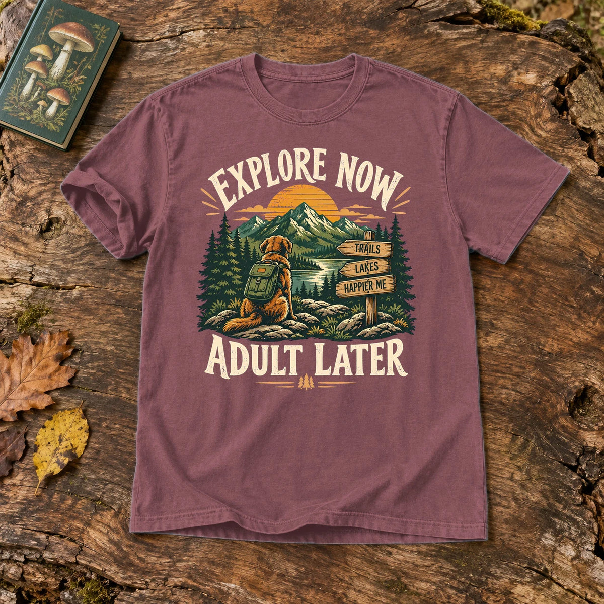 Explore Now Adult Later Dog Hiking Graphic Tee on Brick Premium Tee