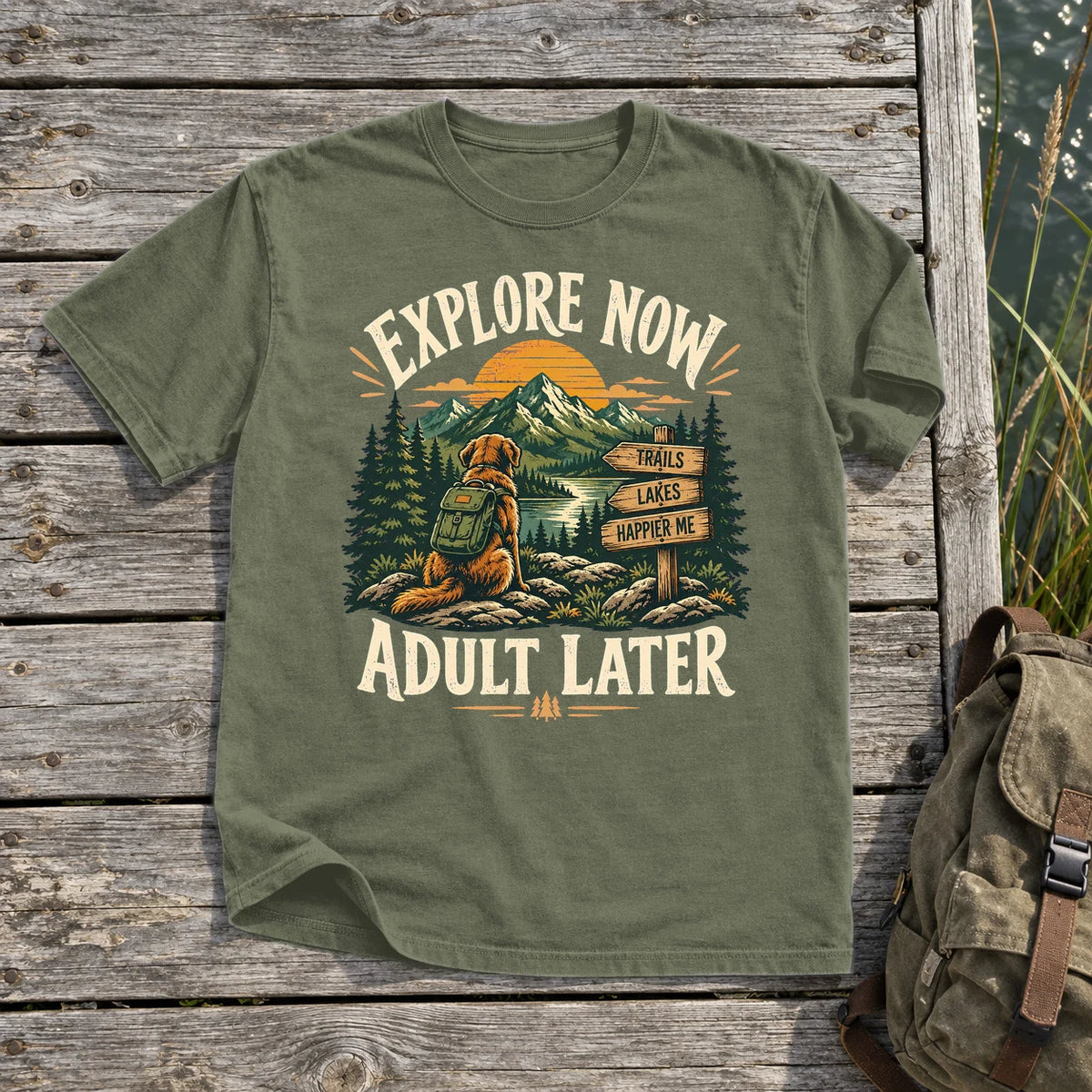 Explore Now Adult Later Dog Hiking Graphic Tee on Moss Premium Tee