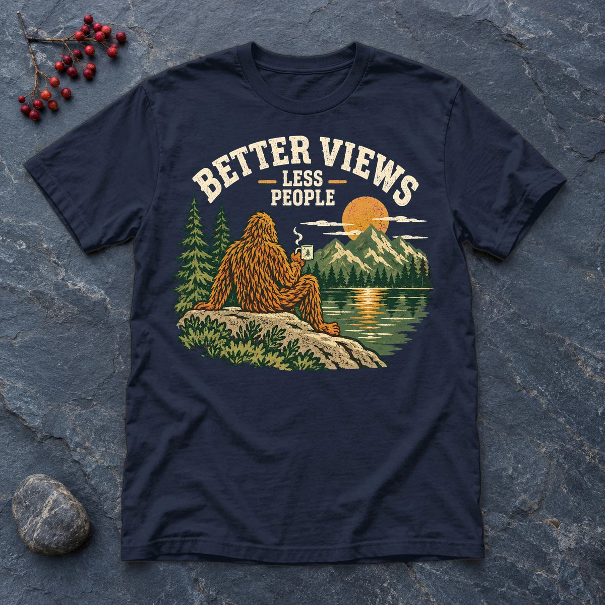 Better Views Less People Bigfoot Graphic Tee on Navy Everyday Soft Tee