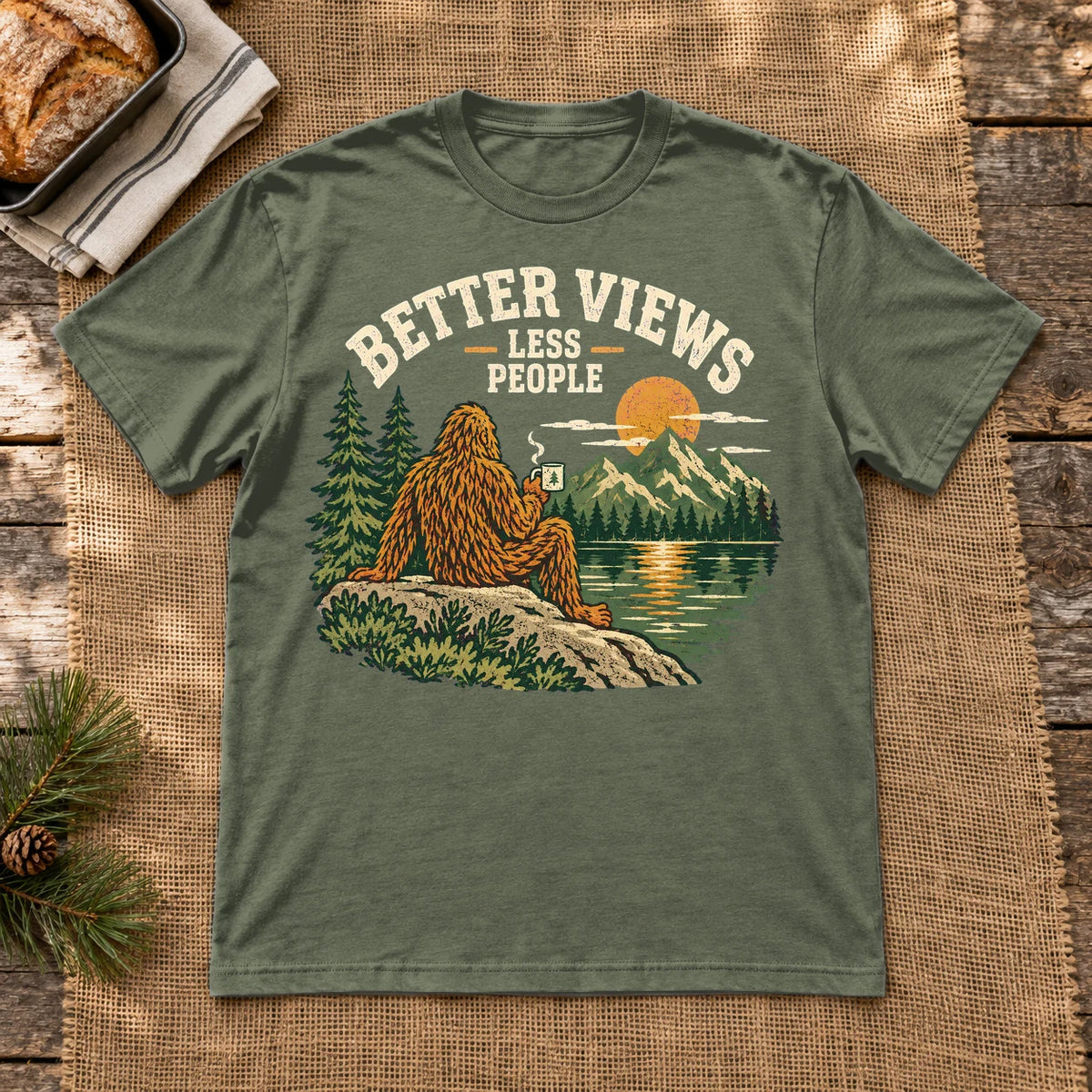 Better Views Less People Bigfoot Graphic Tee on Military Green Everyday Soft Tee