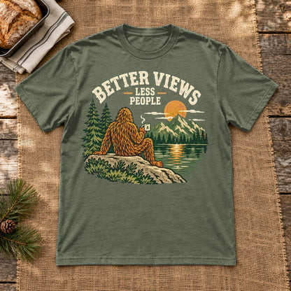 Better Views Less People Bigfoot Graphic Tee on Military Green Everyday Soft Tee