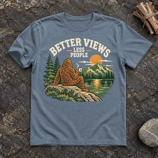 Better Views Less People Bigfoot Graphic Tee on Heather Indigo Everyday Soft Tee