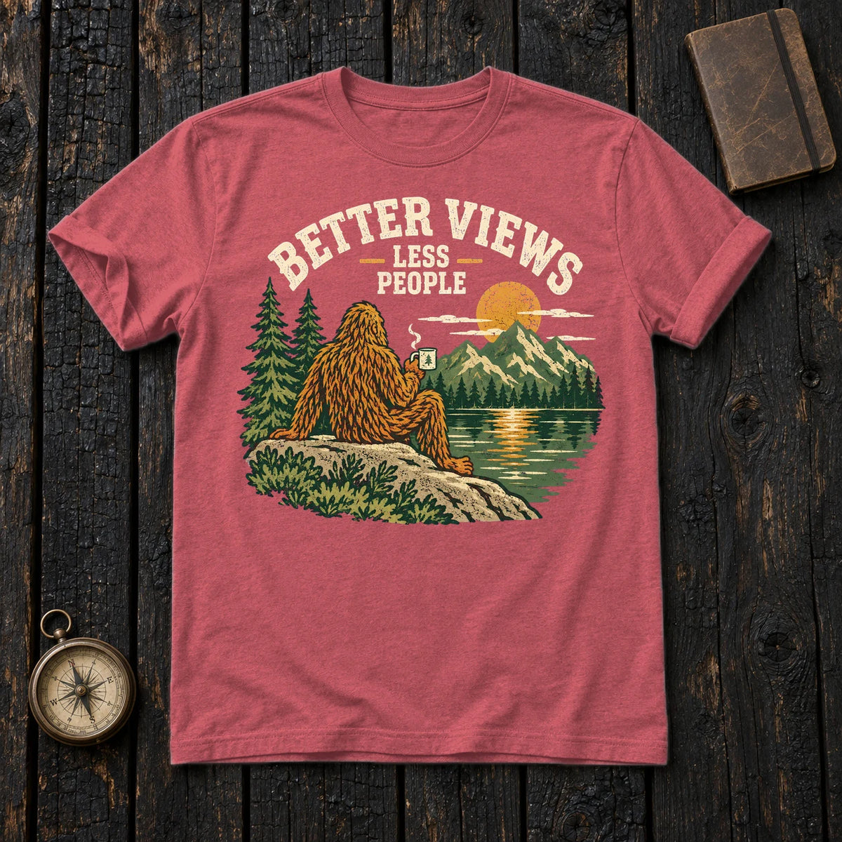 Better Views Less People Bigfoot Graphic Tee on Heather Red Everyday Soft Tee