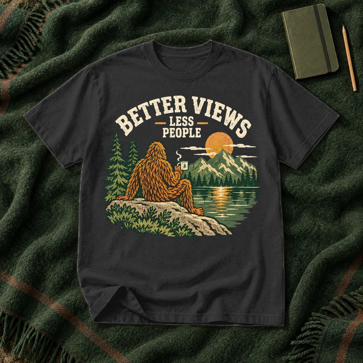 Better Views Less People Bigfoot Graphic Tee on Black Premium Tee