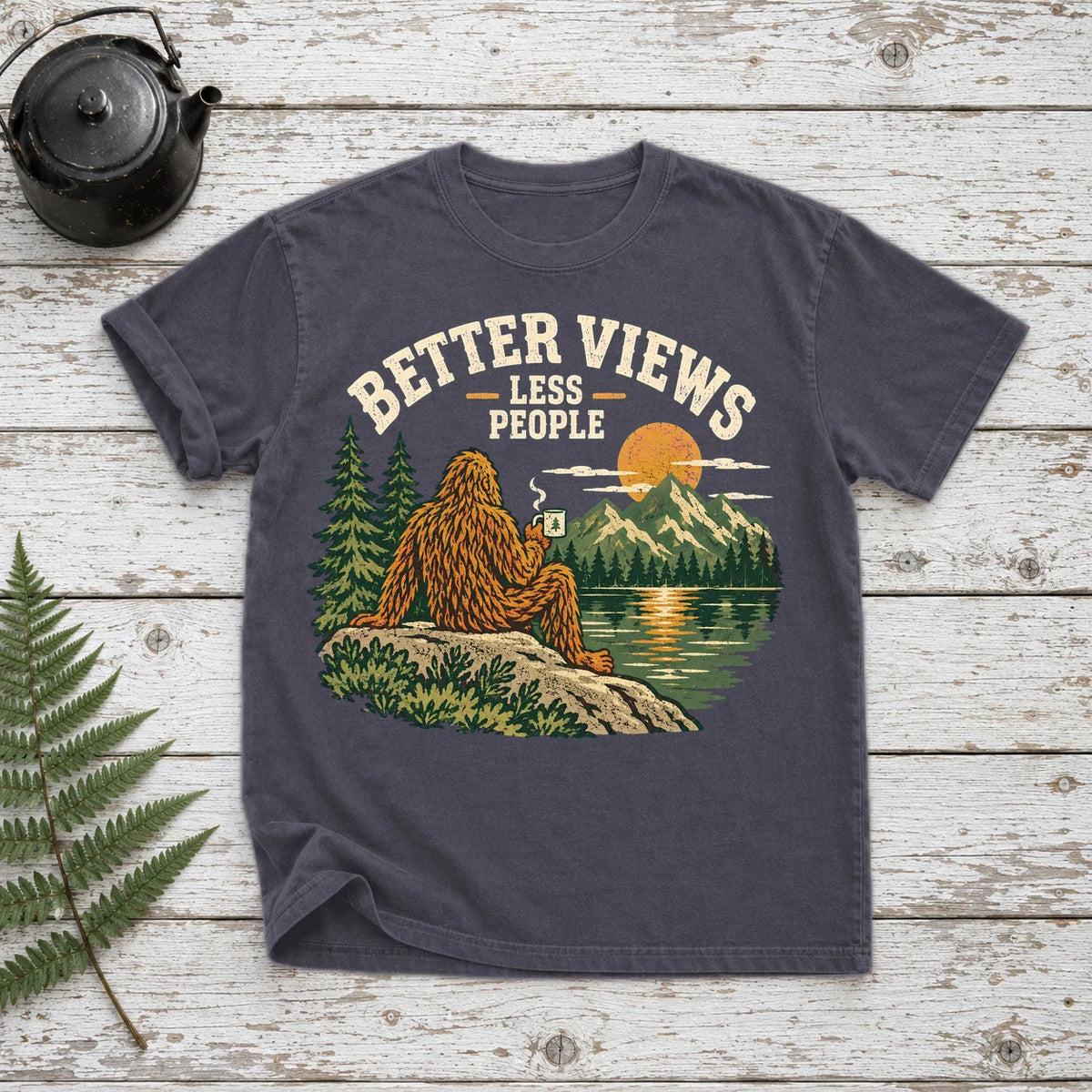 Better Views Less People Bigfoot Graphic Tee on Navy Premium Tee