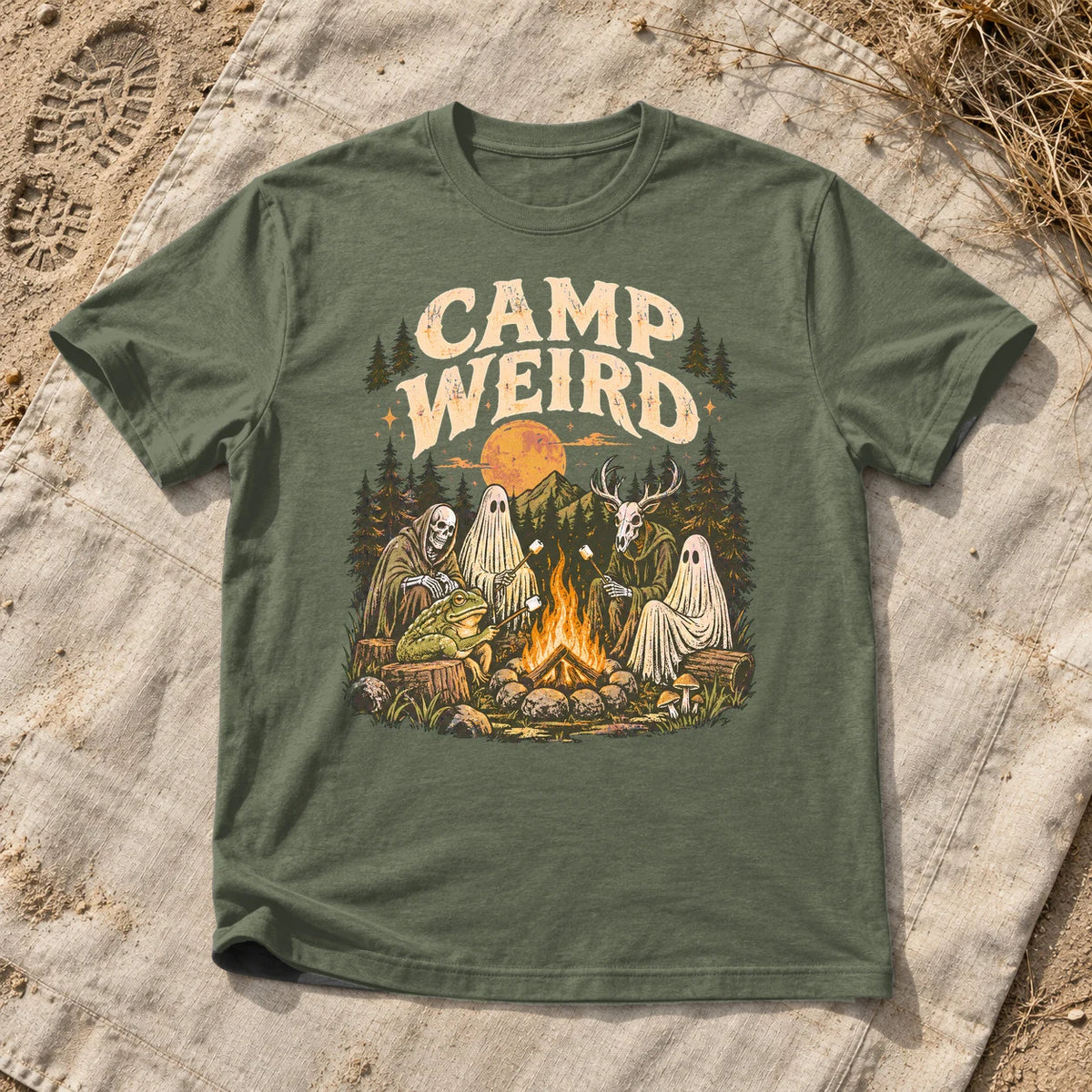 Camp Weird Spooky Campfire Graphic Tee on Military Green Everyday Soft Tee