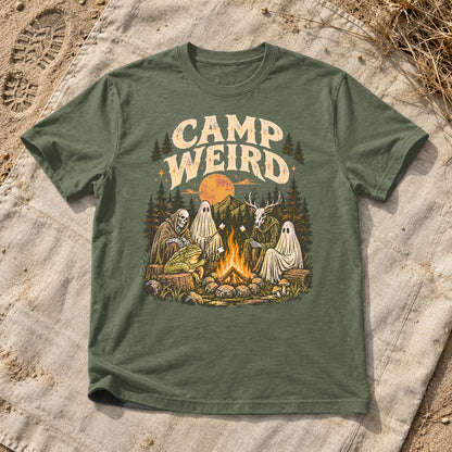 Camp Weird Spooky Campfire Graphic Tee on Military Green Everyday Soft Tee