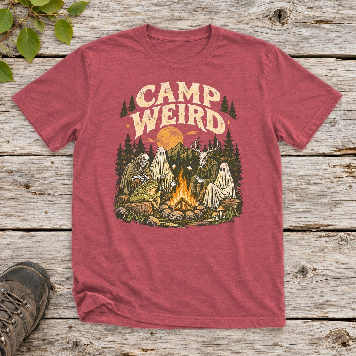 Camp Weird Spooky Campfire Graphic Tee on Heather Red Everyday Soft Tee