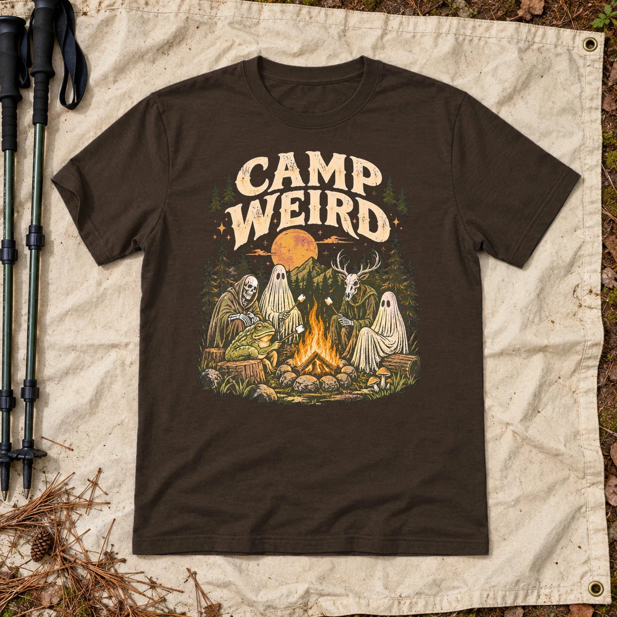 Camp Weird Spooky Campfire Graphic Tee on Dark Chocolate Everyday Soft Tee