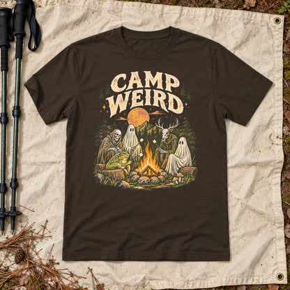 Camp Weird Spooky Campfire Graphic Tee on Dark Chocolate Everyday Soft Tee