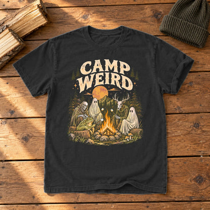 Camp Weird Spooky Campfire Graphic Tee on Black Premium Tee